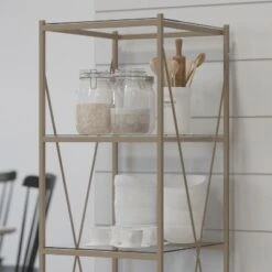 Merrick Lane 64" Modern Bookshelf Glass 4-Shelf Bookcase with Powder Coated Matte Gold Cross Braced Frame -Bookshelves Sales Shop unnamed file 4969