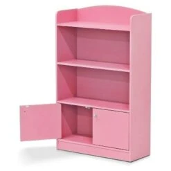 Furinno KidKanac Bookshelf Bookcase with 3 Shelves and Storage Cabinet for Bedroom, Living Room or Playroom Organization, Pink