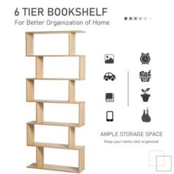 HOMCOM 75.5"H Bookcase 6 Shelf S-Shaped Bookshelf Wooden Storage Display Stand Shelf Organizer Free Standing Oak -Bookshelves Sales Shop unnamed file 5024