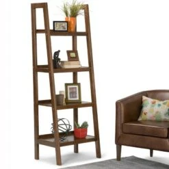 72"x24" Hawkins Solid Wood Ladder Shelf with Storage - Wyndenhall Medium Saddle Brown