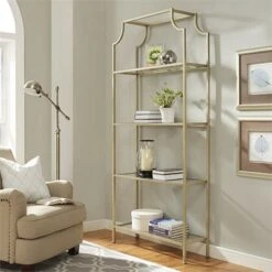 Metal Glass Bookcase in Antique Gold - Pemberly Row