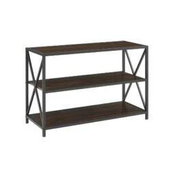 25.62" X Frame Metal and Wood Media Bookshelf - Saracina Home Barnwood