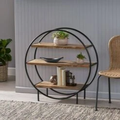 37.5" Dundas Handcrafted Industrial Circular Mango Wood Shelf Natural/Black - Christopher Knight Home