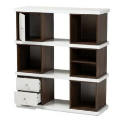 39.06" Rune Two-Tone 2 Drawer Bookcase White/Walnut - Baxton Studio