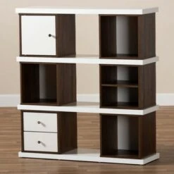 39.06" Rune Two-Tone 2 Drawer Bookcase White/Walnut - Baxton Studio -Bookshelves Sales Shop unnamed file 882